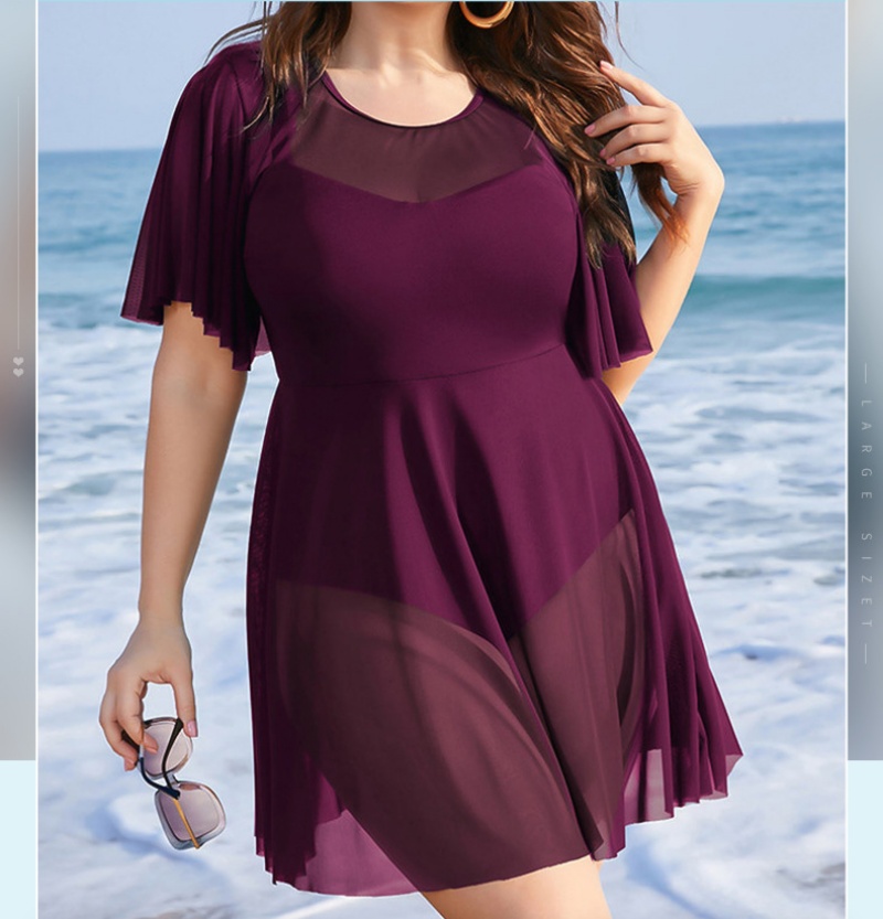 Plus Size Mesh Overlay One Piece Swimdress - 2026 High Waist Bikini